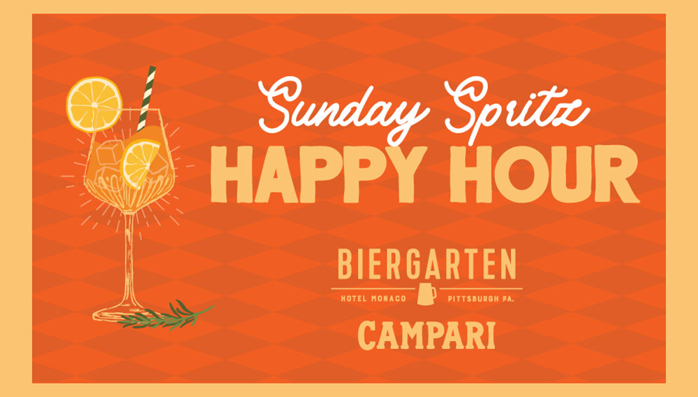 Orange card with the words Sunday Spritz Happy Hours with a summery cocktail glass with a straw, ice cubes and orange garnish